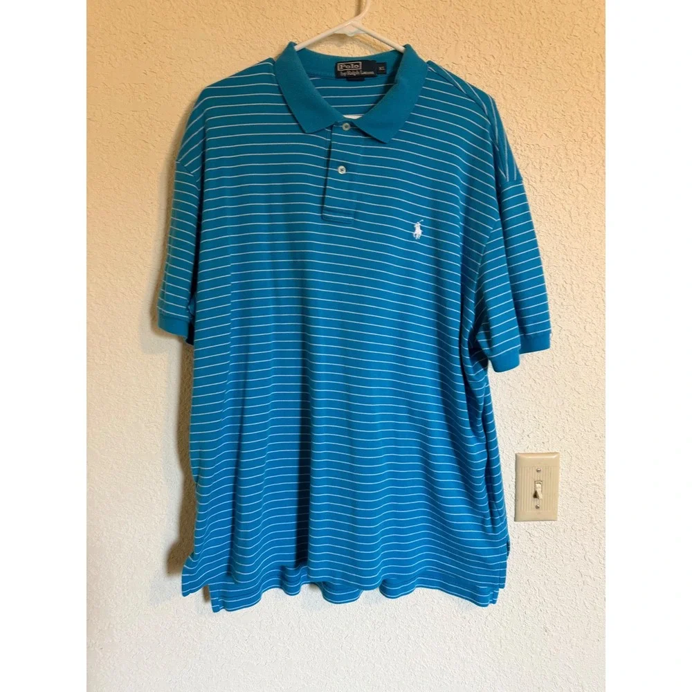 Polo Ralph Lauren Mens XL Blue White Striped Short Sleeve Cotton Polo Shirt